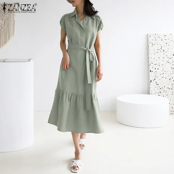 Zanzea Korean Style Women Short Sleeve Collared Plain Midi Dress Belted