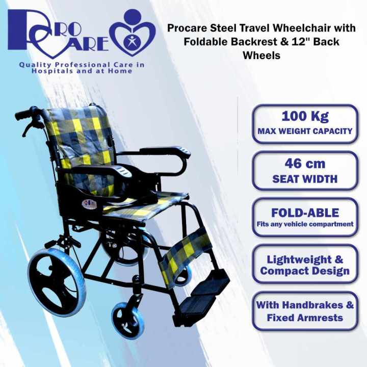 Procare Steel Travel Wheelchair With Foldable Back And Inches Back