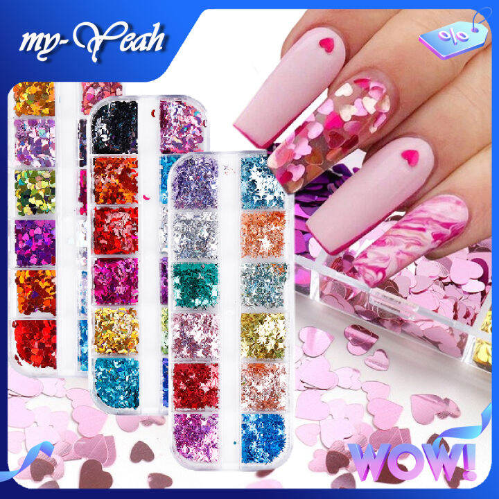 Myyeah Grids Mixed Color Heart Shape Nail Art Glitter Flake Natural