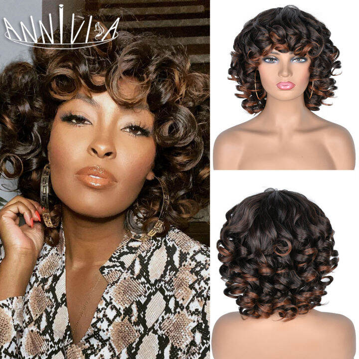 Short Hair Afro Kinky Curly Wigs With Bangs For Black Women Synthetic