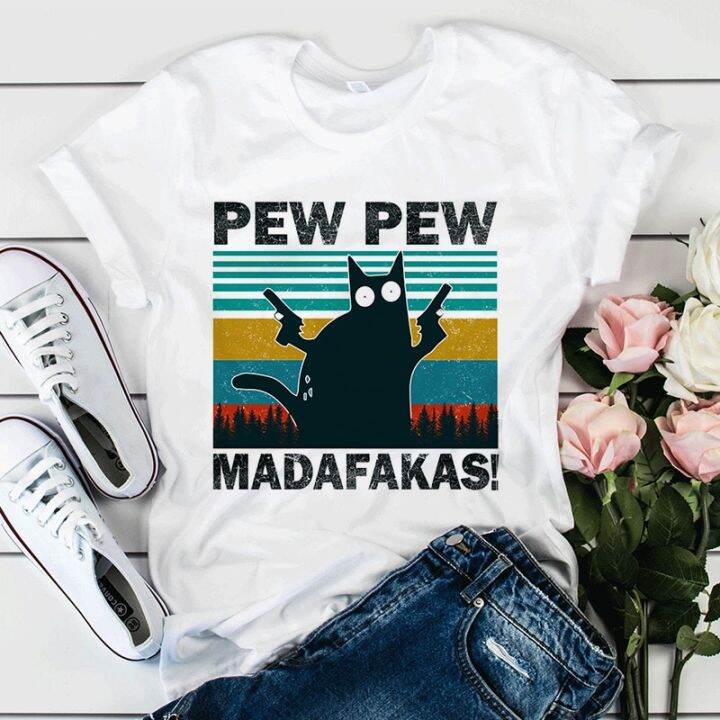 Pew Pew Madafakas Black Cat Funny T Shirt Women Cat Gangster With Gun