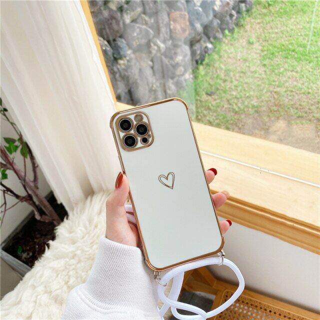 Cute Electroplated Love Heart Lanyard Case For IPhone 11 12 13 Pro Max