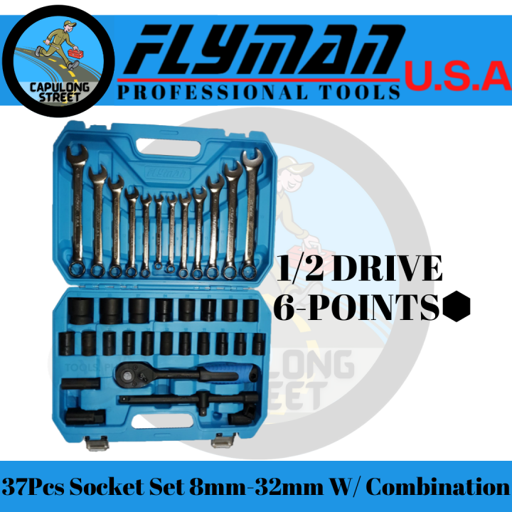 Capulong Street Flyman 37Pcs Socket Set 1 2 Drive 8mm 32mm 6 Points W