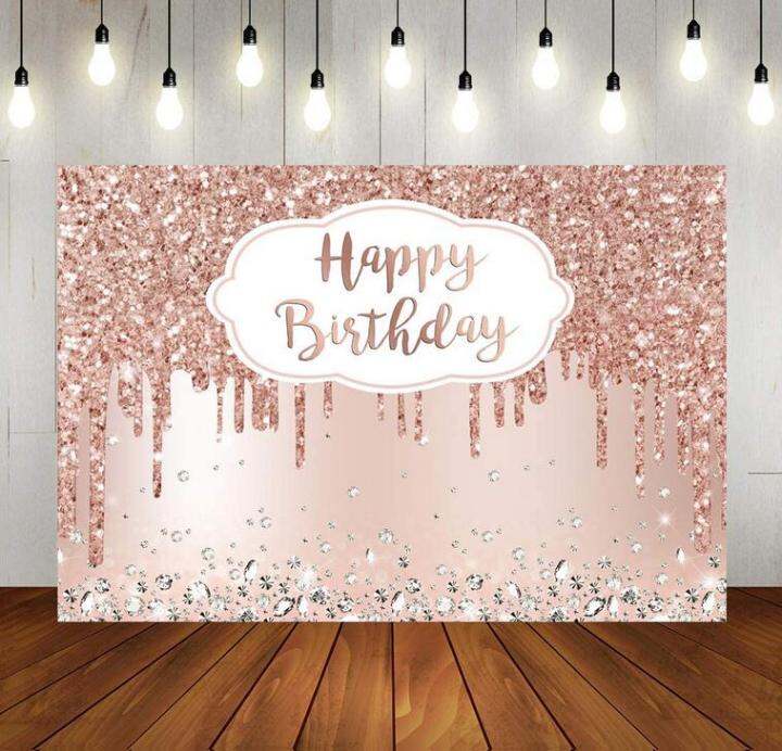 Rose Golden Birthday Party Backdrop Glitter Diamonds Happy Birthday