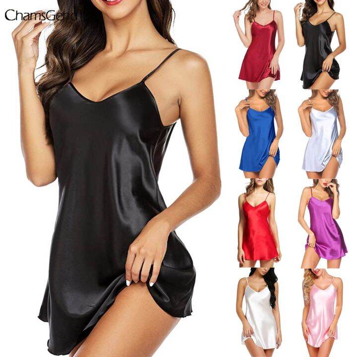 Female Satin Nightgown Lady Sexy Spaghetti Strap Night Dress Women