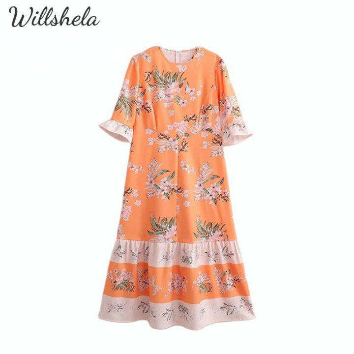 Willshela Women Fashion Floral Printed Patchwork Midi Dress Round O