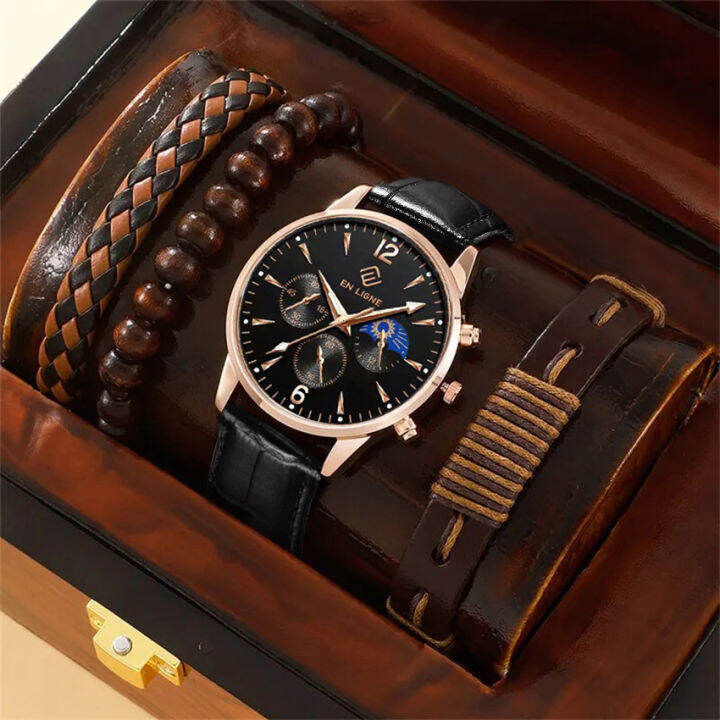 Jam Tangan Pria Kasual Analog Quartz Set Gelang Dan Box El Set