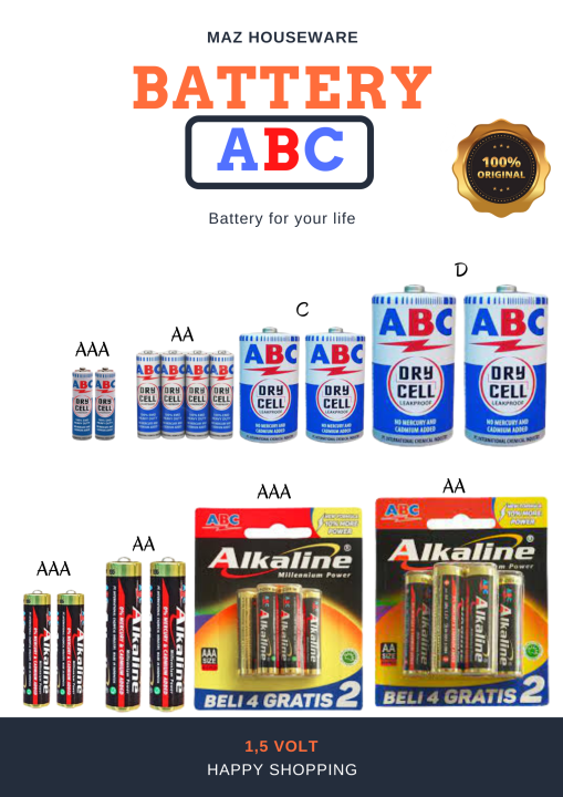 Baterai Battery ABC Alkaline AA A2 AAA A3 C D Ukuran 1 5v