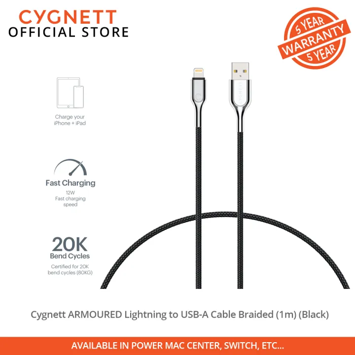 CYGNETT ARMOURED Lightning To USB A Cable Braided Black 1m Raphas