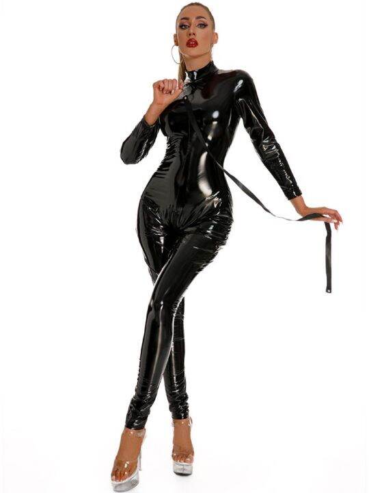 Turtleneck Wet Look PVC Catsuit Long Sleeve Zipper Open Crotch Bodysuit