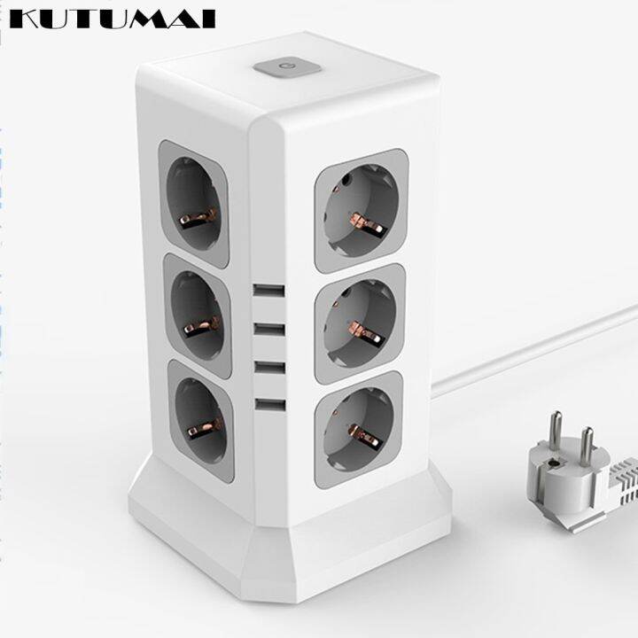 Tower Multi Power Strip Vertical EU Plug 12 Way Outlets Sockets With 4