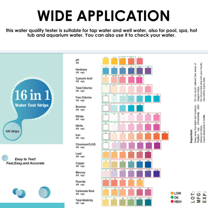 เครื่องทดสอบน้ำดื่มแบบ16ใน1-แถบทดสอบน้ำดื่มพร้อมแถบทดสอบ100ชิ้นสำหรับน้ำก๊อกทดสอบคุณภาพน้ำสำหรับความแข็งทั้งหมดปราศจากคลอรีนเหล็กทองแดงตะกั่วไนเตรทและอื่นๆ