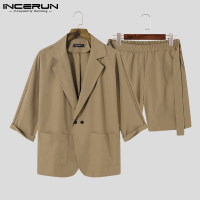 Medussa INCERUN Mens 3/4แขนเสื้ออย่างเป็นทางการ Blazer กางเกงขาสั้นแบบมีเข็มขัดชุดเดรสปาร์ตี้งานแต่งงานอาหารค่ำชุด