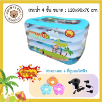 SAL สไลเดอร์ สระน้ำเป่าลม 4 ชั้น  เล็ก ลายชายหาด สีฟ้า ขนาด 120*90*70 cm แถมฟรีห่วงสวมคอ และที่สูบลมไฟฟ้า e37E กระดานลื่น  สำหรับเด็ก