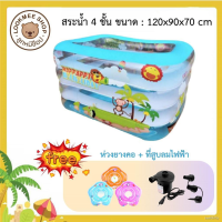 SAL สไลเดอร์ ✷สระน้ำเป่าลม 4 ชั้น  เล็ก ลายชายหาด สีฟ้า ขนาด 120*90*70 cm แถมฟรีห่วงสวมคอ และที่สูบลมไฟฟ้า กระดานลื่น  สำหรับเด็ก