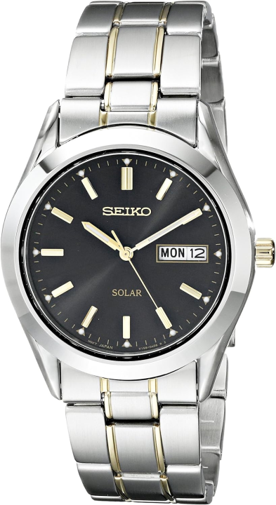 Top 48+ imagen seiko men’s sne047 two tone solar black dial watch