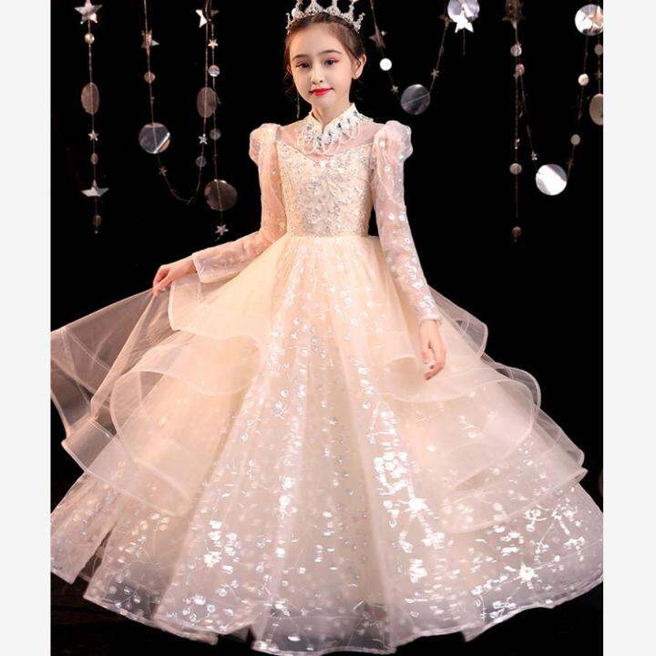 Luxury High-end Children Mesh Sequins Stitching Evening Gown Kids ...