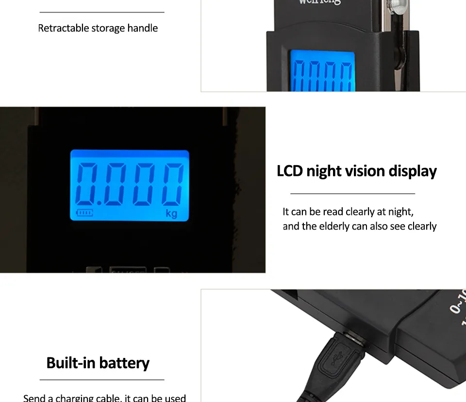 WeiHeng WH-A25 Rechargeable Portable Electronic Scale LCD Display Luggage  Scale Multi-unit Conversion Retractable Storage Handle 55kg Double Accuracy