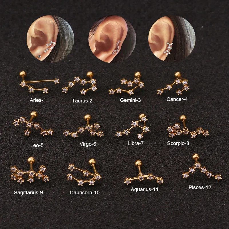 1Pcs/Bag Fashion Zircon Twelve Constellation Stainless Steel Ear Piercing  Jewelry Cz Cartilage Helix Lobe Screw Back Stud Earring | Lazada Ph