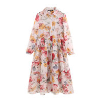 ZZOOI KPYTOMOA Women Fashion Floral Print Chiffon Midi Shirt Dress Vintage Two Pieces Sets See Through Female Dresses Vestidos Mujer