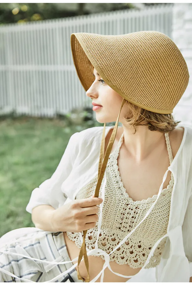 French Straw Bonnet Cap for Women Victorian Sun Hat Chin Strap Foldable
