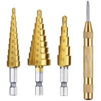 【ussw1】Hot 3 Pcs HSS Titanium Step Drill Bit Set &amp; 1 Pcs Automatic Center Punch Titanium Coated Metal Hex Core Drill Bits