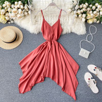 ZZOOI FTLZZ Women Sexy Holiday Dress Slim Irregular V-neck Dress Summer Lady Sleeveless Spaghetti Strap Solid Color Dresses