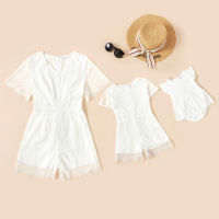 PatPat New Summer Lace Fabric V-neck Short Sleeve Rompers for Mommy-girl-baby