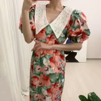 ZZOOI SHENGPALAE 2020 New Summer Women Vintage Loose High Waist Slim Was Thin Elegant Large Lapel Stitching Lace Maxi Dress ZA4670