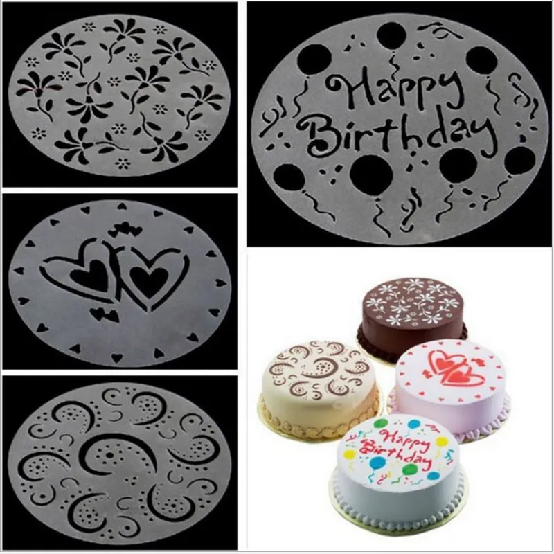 4Pc/Lot Plastic Cake Stencils Flower Spray Birthday Mold Decorating Bakery  Tools Diy Mould Fondant Template Kitchen Accessories Bread Cake Cookie Acc