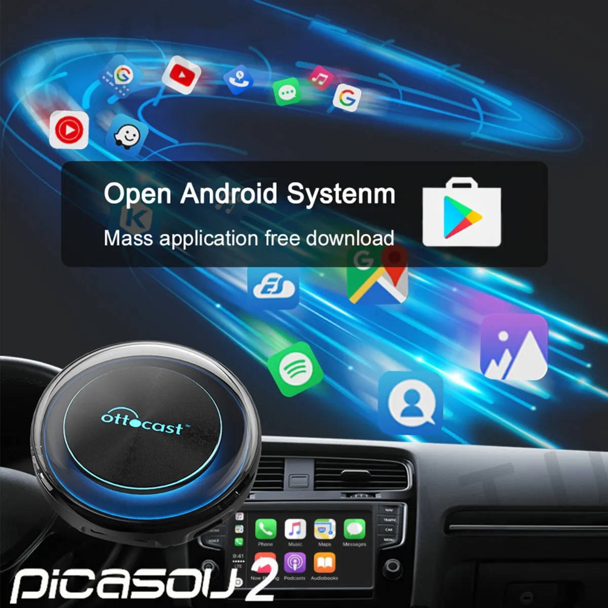 OTTOCAST PICASOU 2 CarPlay AI Box with Android 10 Wireless CarPlay