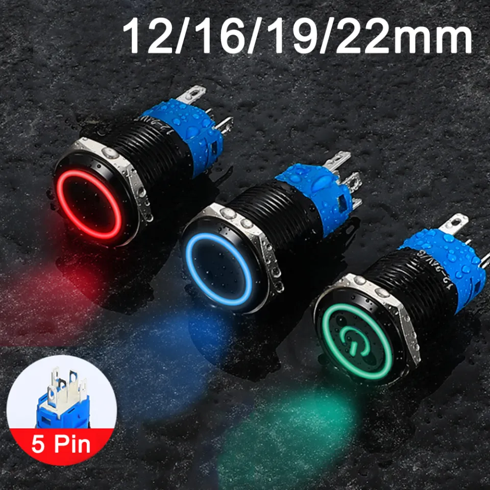 12/16/19/22mm Waterproof Metal Push Button Switch LED Light Momentary  Latching Car Engine Power Switch 5V 12V 24V 220V Red Blue) (Color : Blue  Ring