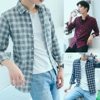 เสื้อเชิ้ตแขนยาวผู้ชายเสื้อลายสก๊อตแฟชั่นวัยรุ่นเกาหลีเสื้อเชิ้ตสลิมป่า