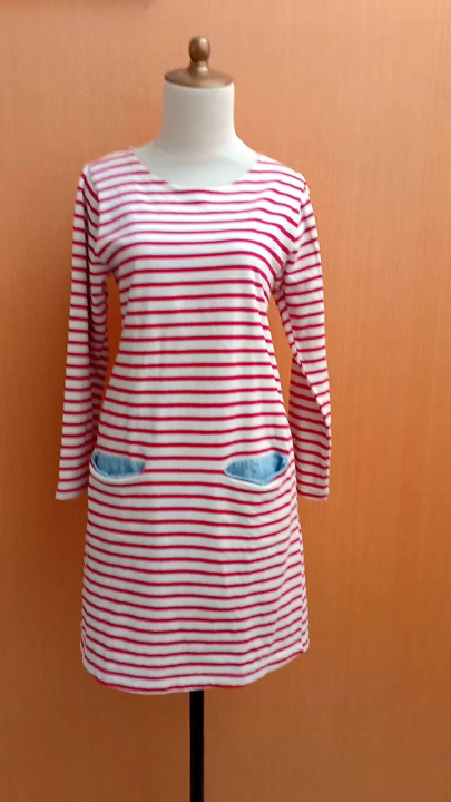 Mini Midi Dress Wanita Putih Salur Merah Yoonie Cewek L Lengan Panjang Cute Korean Kantong Kiri