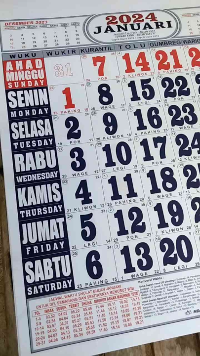 Kalender 2024 Ukuran 32x50cm Lengkap Pasaran Jawa, Hijriah, Wuku, China ...