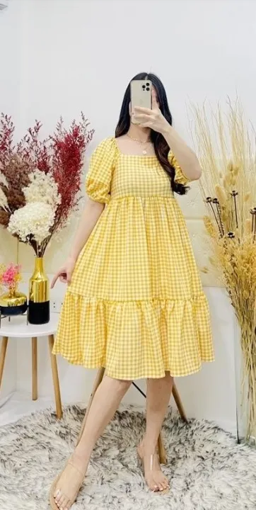 TWO WAY PUFF SLEEVE BABYDOLL DRESS GINGHAM YELLOW | Lazada PH