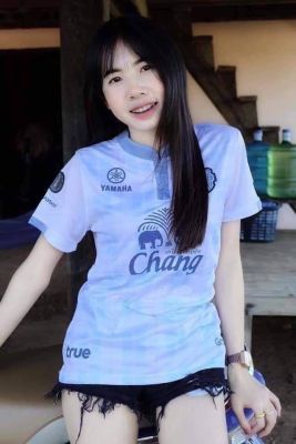 เสื้อกีฬาหญิง เสื้อบอลหญิง ทีมบุรีรัมย์ สีฟ้า-ขาว คอจีน ขนาดฟรีไซร์ อก32-38ทรงเข้ารูป ยาว24.5