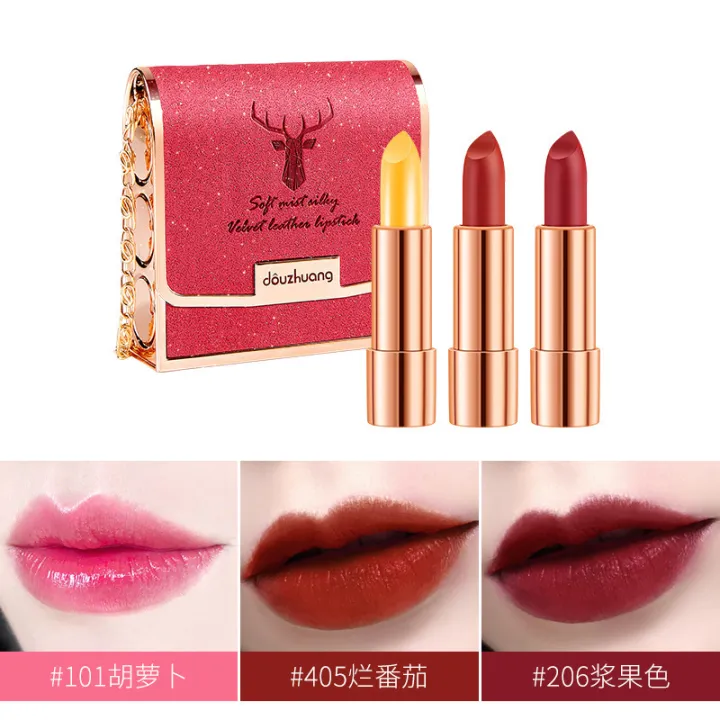 Douzhuang [3 Pack] Velvet Leather Bag Lipstick Velvet Matte