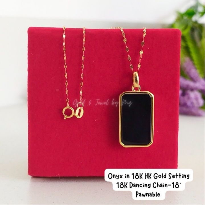 GoldandJewel 18K Onyx bar pendant unisex in HK Gold Setting necklace