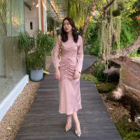 YD001 Dress with draped effect (dr017) เดรสแขนยาว กระโปรงดีเทลรูด