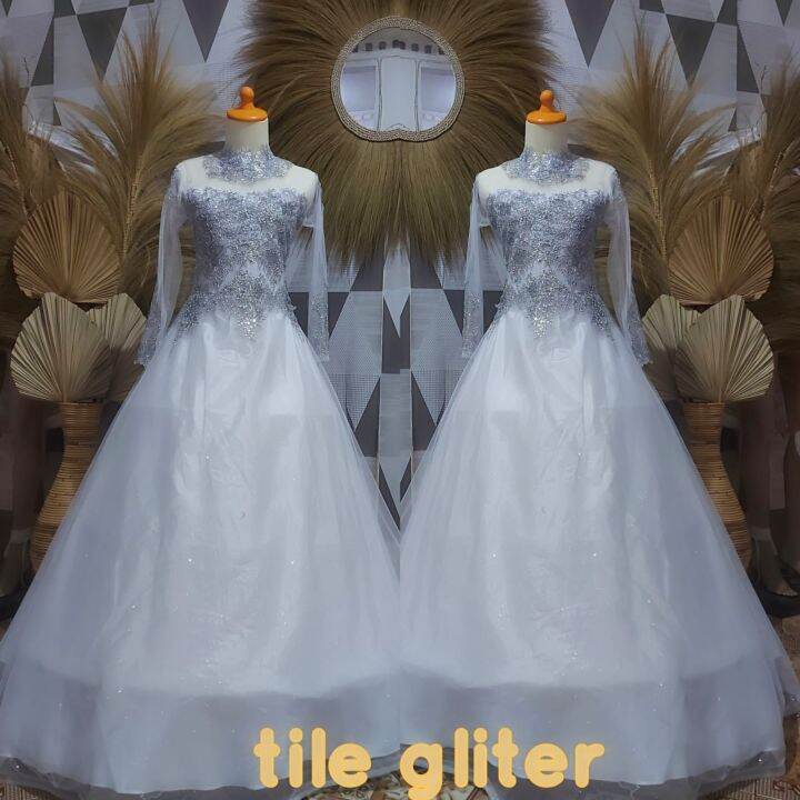 Gaun Pengantin Tiara Putih Payet Silver / Gaun Akad Nikah / Gaun Putih