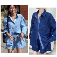 ?Denim set เสื้อเชิ๊ตแขนยาวกระดุมผ่าด้านหลัง+ขาสั้นเอวสม๊อค ผ้ายีนส์เนื้อนุ่มน้องน่ารัก เกร๋มาก