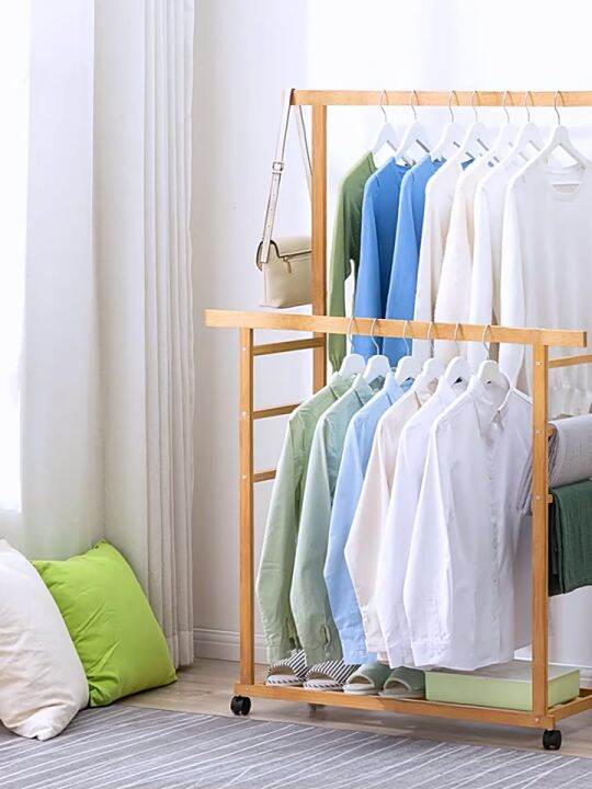 Clothes Hanging Rack 2Layers 60/80/100CM Wheels Movable BedroomWooden