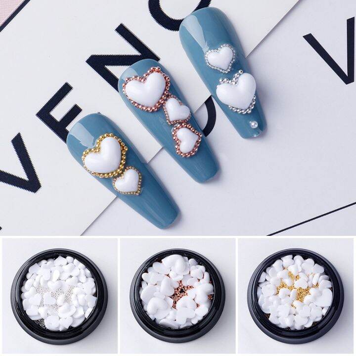 หัวใจแต่งเล็บ-หัวใจคาเวียร์-หัวใจสีขาว-love-heart-resin-nail-art-decoration-white-loving-stones-with-steel-beads-nail-rhinestones-parts-for-diy-manicure-decors