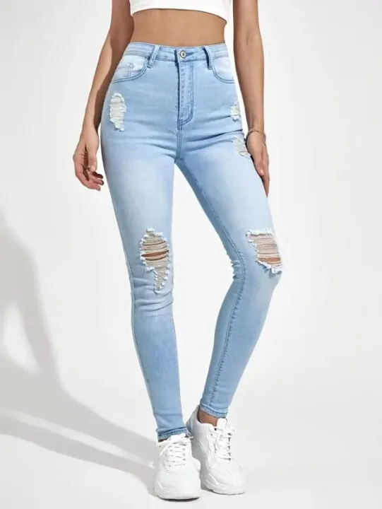 High-Waisted Distressed Skinny Jeans with Classic Back Pockets