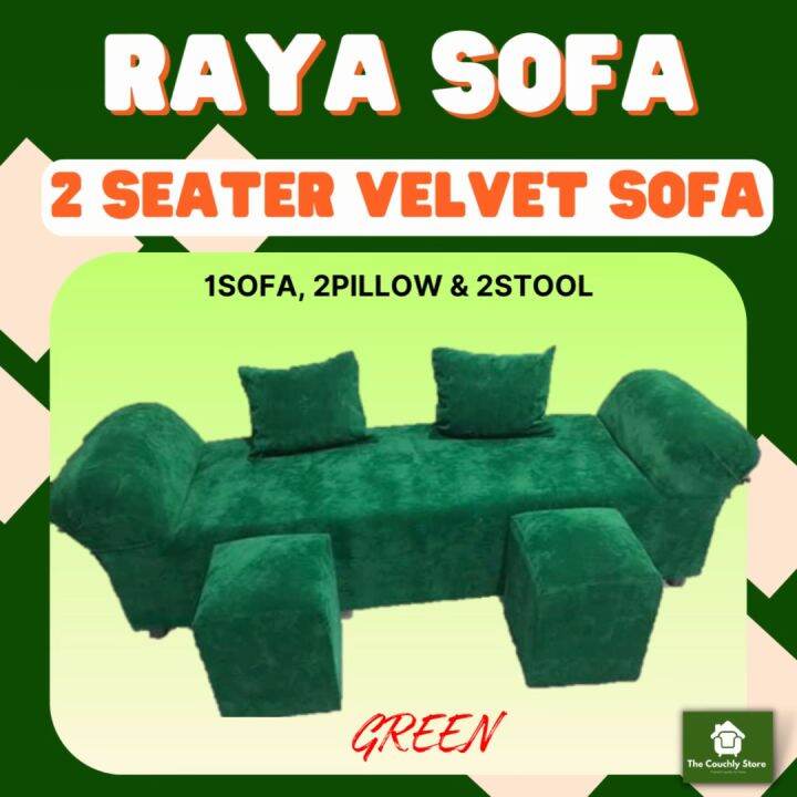 RAYA VELVET SOFA SET 2 SEATER CAPACITY 1SOFA 2STOOL 2THROWPILLOWS HEAVY