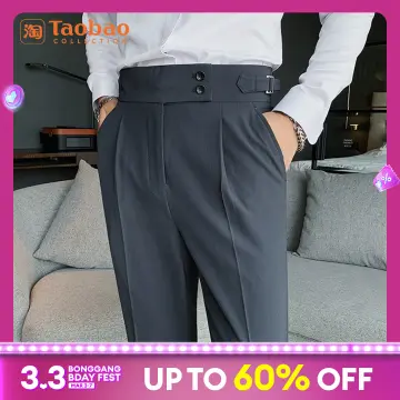 Men Business Retro High Waist Casual Suit Pants Straight Dress Trousers