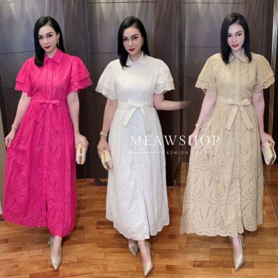 เดรสยาว + โบว์ผูกเอว M-2XL ชุดใส่ทำบุญ ลูกไม้สีขาว ชุดขาว เดรสขาว ไปวัด ฉลุ ชุดคุณแม่ งานบุญ งานบวช ชุดเพื่อนเจ้าสาว  The classic