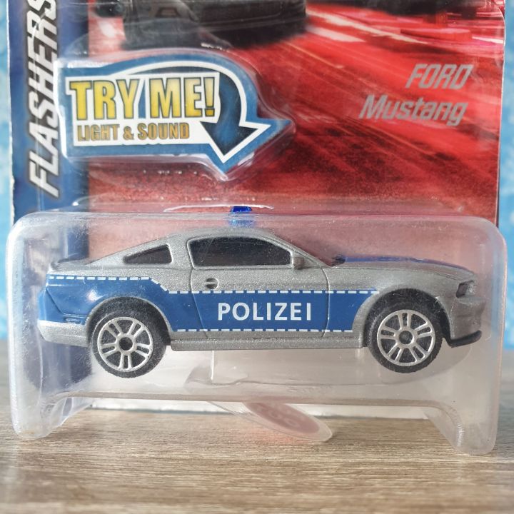 โมเดลรถเหล็ก-majorette-ford-mustang-polizei-s-o-s-flashers-gray-สีเทาเงิน-รถตำรวจ-โมเดลรถสะสม