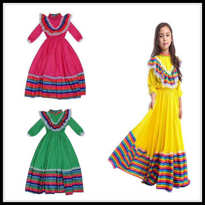 Children's Traditional Mexican Girl Big Hemline Long Dress Ethnic Dance